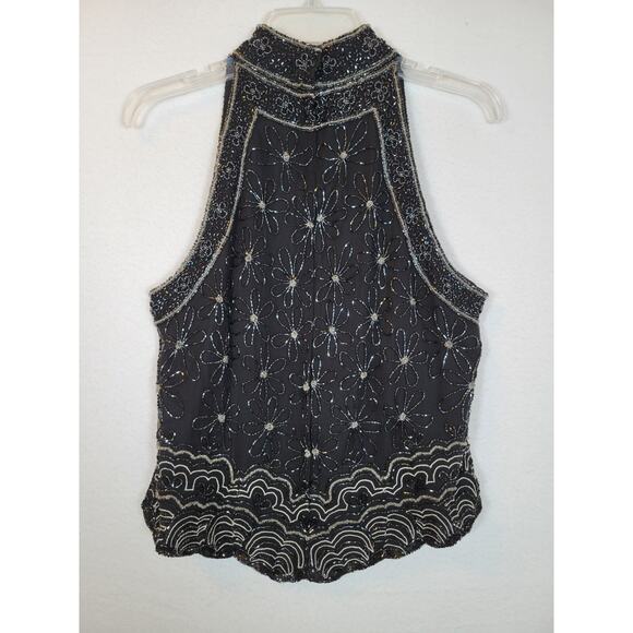 Adrianna Papell Womens Flower Silk Beaded Top Size Large Black Evening Formal - Picture 10 of 10